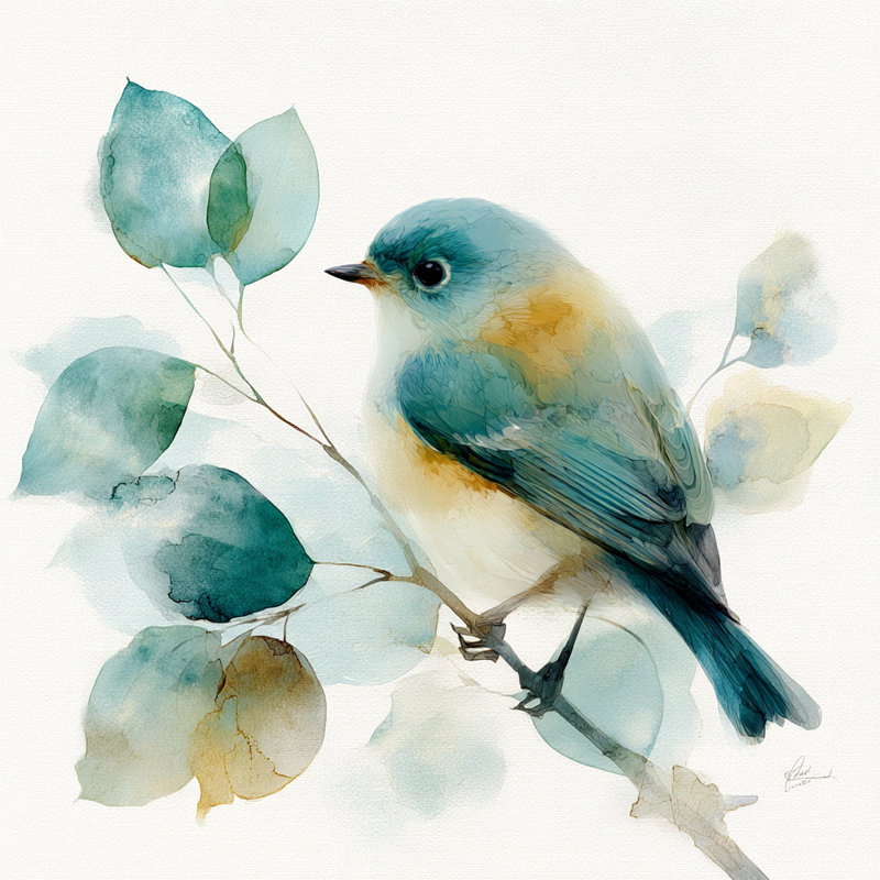 «Feathered Tranquility - Bird», reproduction d'art à l'aquarelle, H 20 po x l 20 po