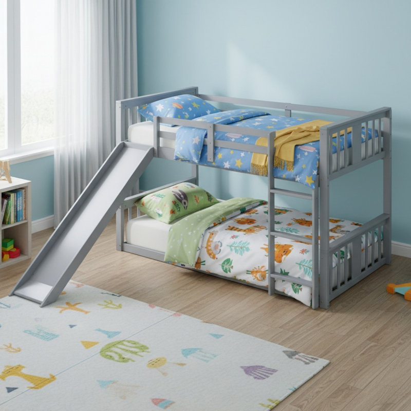 Lit superposé simple au-dessus de simple en bois massif avec glissière et échelle pour chambre à coucher, Gris