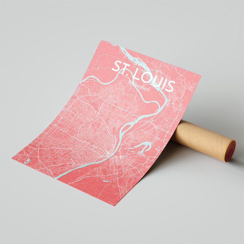 St. Louis City Map, impression, Rose / bleu pastel, H 24 po x l 18 po