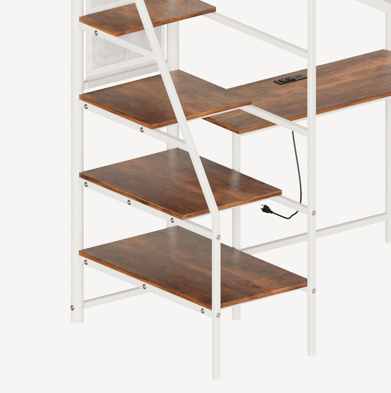 Twin sized loft metal bed with white for bedroom and dormitory, with built-in charging station and LED lighting, Twin, White