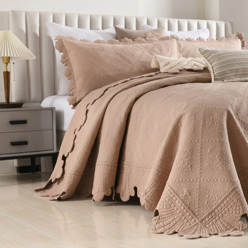 Ensemble 100% coton Tkemb broderie, Taupe pâle, chameau, Courtepointe grand + 2 couvre-oreillers standard