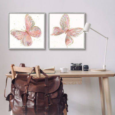 Pink & Glam Butterflies Nature 2 Piece Gray Framed Giclee Art Set by Nan