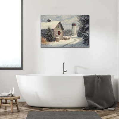 Art mural sur toile de grande cabane de Noël d'hiver, affiche de pin grange enneigée, scène d'hiver rustique rétro, impressions sur toile, décoration murale de Noël pour le salon, le bureau de chambre à coucher, 24 po x 32 po