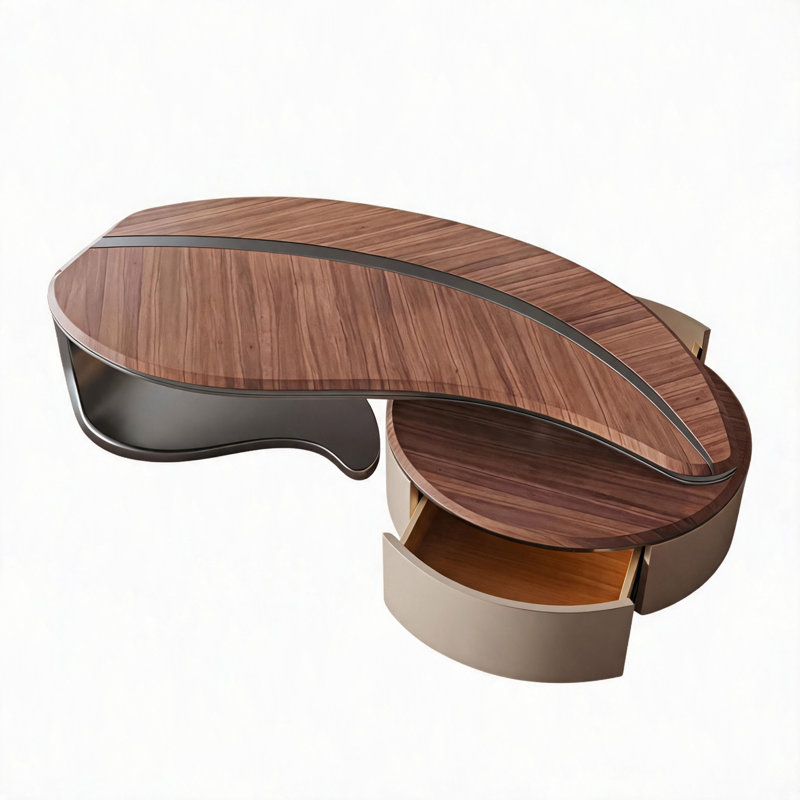 Table basse avec placage, veine en acier inoxydable et rangement intégré, tiroirs