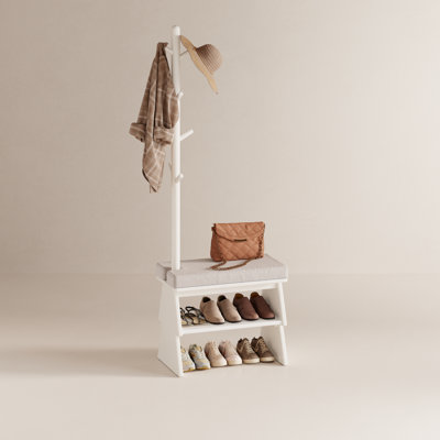 Addisin Adryell Solid Wood Entryway Shoe Bench with Coat Rack, Cushioned Seat