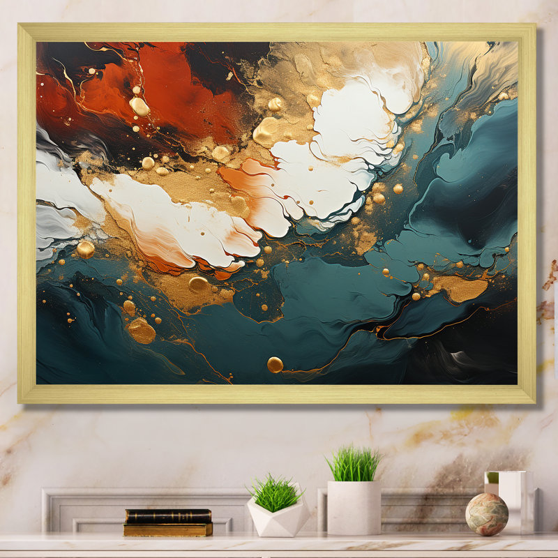 Orange et vagues ondulées oranges et mélodie I - art mural abstrait, Cadre doré à coins fermés, H 34 po x l 44 po x P 1,5 po