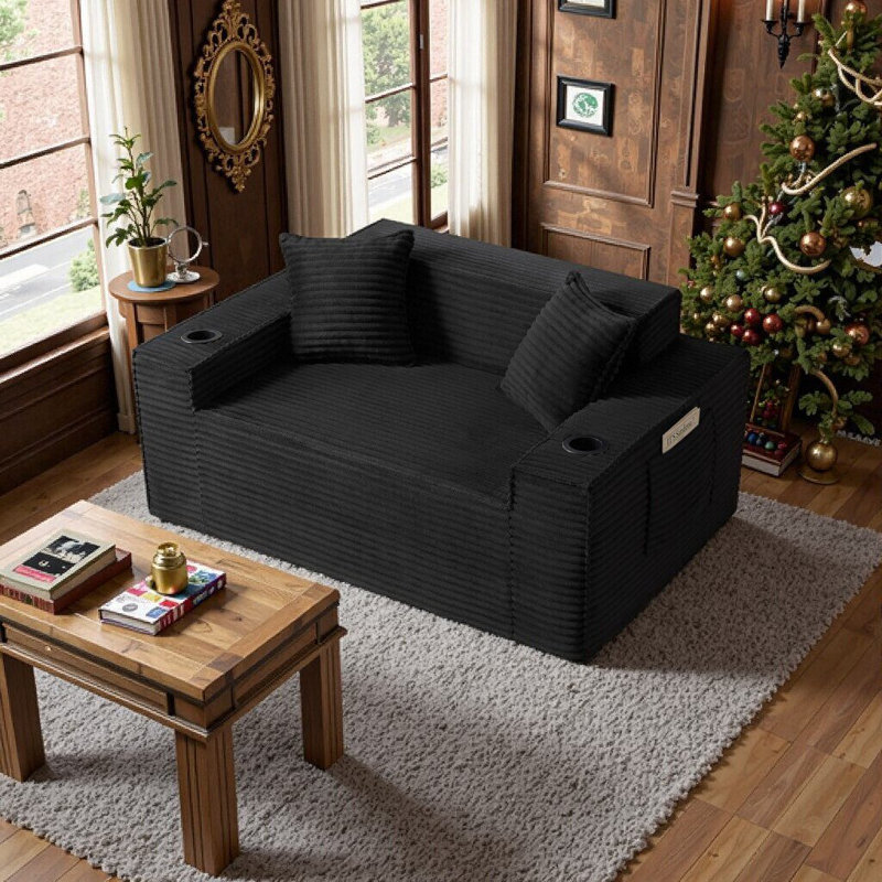Canapé compact en peluche sans assemblage pour salon, 2, Black