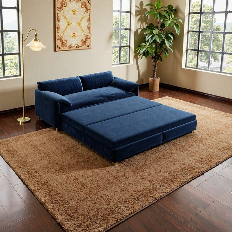 Boneless ??3-in-1 Convertible Sleeper Sofa Bed with Velvet Upholstery? Convertible Couch Bed, Blue