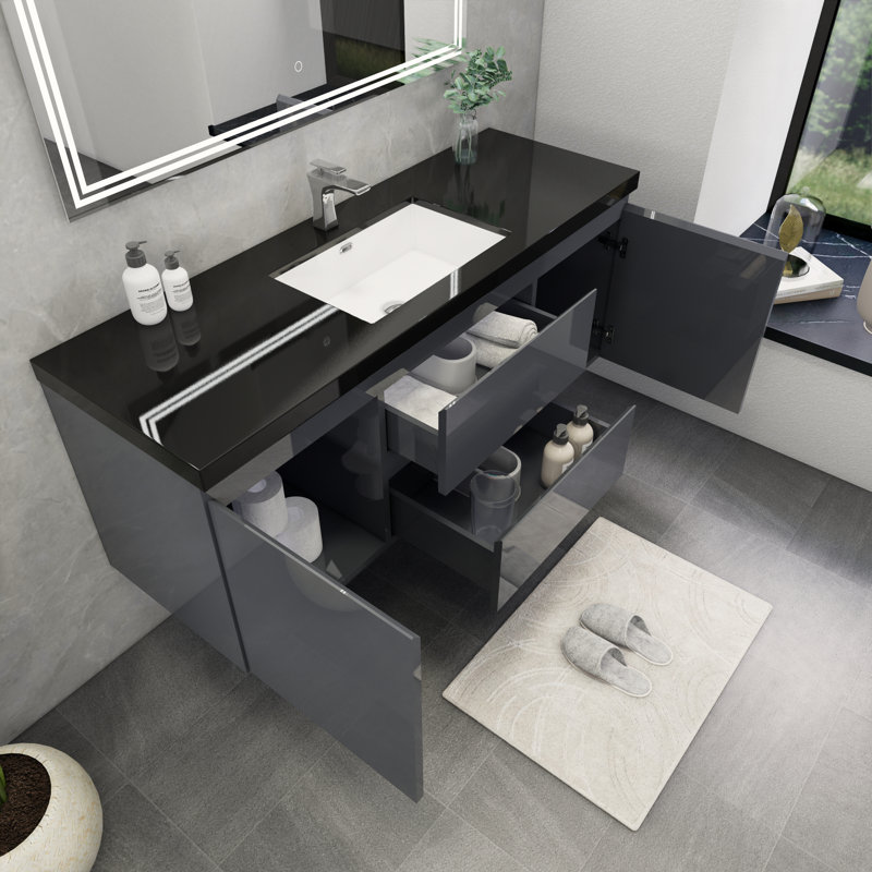Castin 60" Wall-Mounted Single Bathroom Vanity Set, Glossy Gray