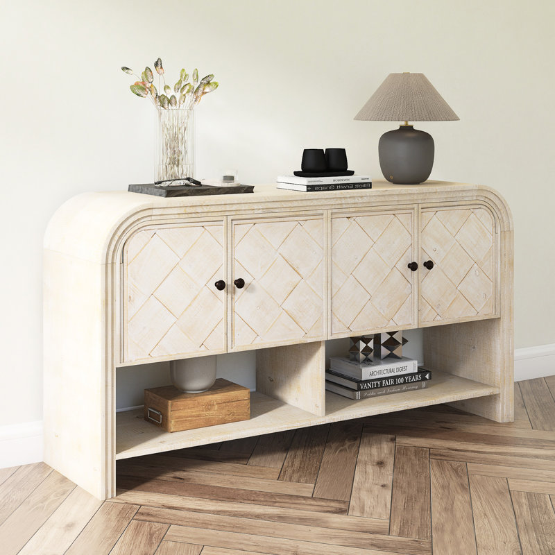 Versatile Console Table With Woven Wood Slats And Solid Wood Veneer, Beige/Brown