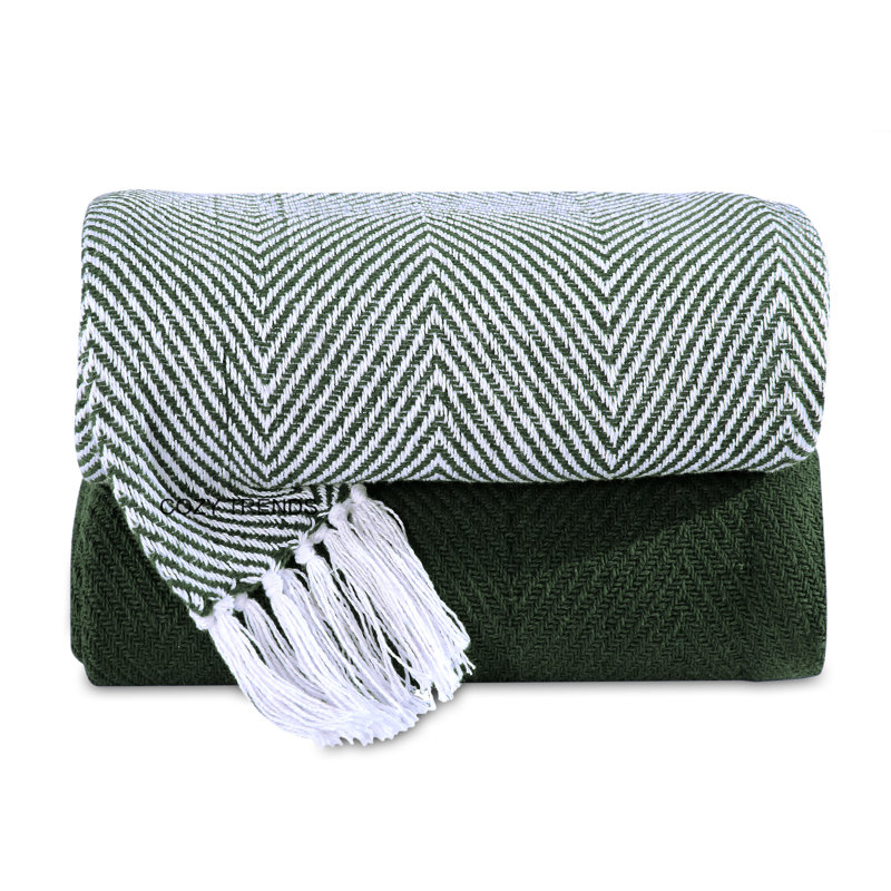 Jeté 100% coton, Vert foncé, Chervon / couleur unie