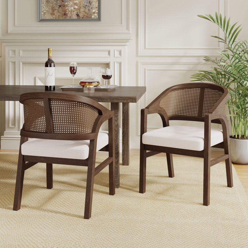 Stanley Wooden Dining Chairs with Cane Back & Upholstered Seat, Walnut, Beige