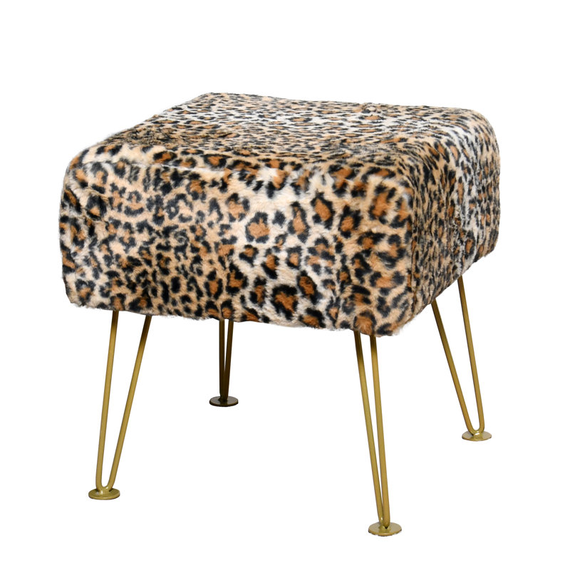 Square Faux Fur Upholstered Ottoman, Leopard Faux Fur