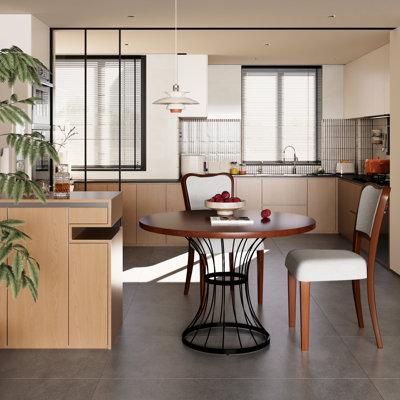 3 meubles de coin cuisine: table ronde en chêne de 42 po avec 2 chaises rembourrées en noyer et une base et des chaises en fer robuste, manteau transparent Scratch, piédestal pour salle à manger
