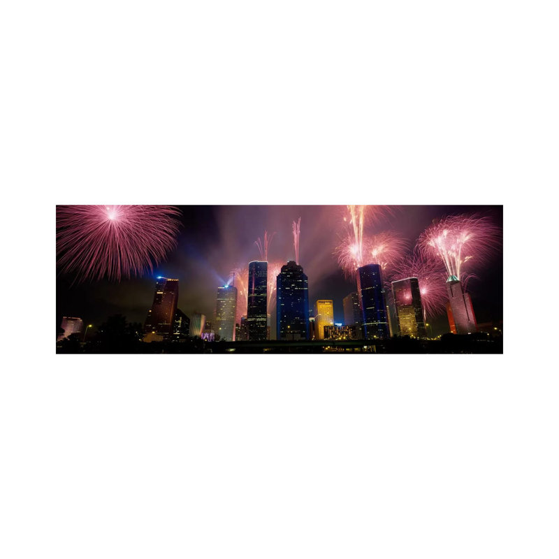 Fireworks Over Buildings In A City, Houston, Texas, USA - Wrapped Canvas Panoramic Print, 182.88 cm H x 60.96 cm W