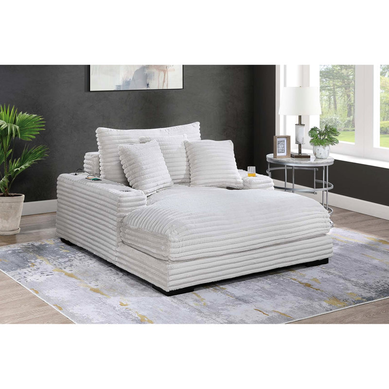 Chaise longue en velours côtelé géant taupe, 2 porte-gobelets, portos, pieds en bois, design contemporain