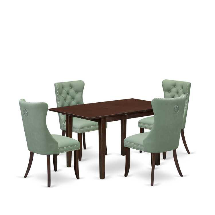 EA7B3336CC3F49469B4CA3BEC3AF66B7 5 Piece Dining Set Consists of a Rectangle Wooden Table with Removable leaf and 4 Upholstered Chairs, Mahogany
