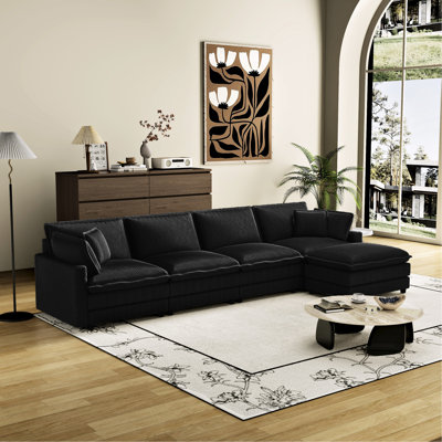 Modern L-shaped Deep Seat With 4 Pillows, Black Modular Sectional For Living Room, Bedroom, Apartment - Snake Spring, Solid Wood Frame, Removable , Superior Comfort, Cushioned
