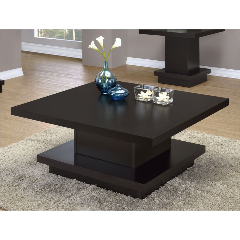 Table basse 35,5 pouces carrée avec base à piédestal et tablette, bois, finition cappuccino