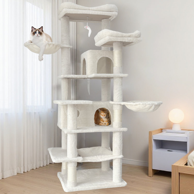 Grand arbre à chat à niveaux multiples de 68 pouces avec hamacs et poteaux à griffer, Beige