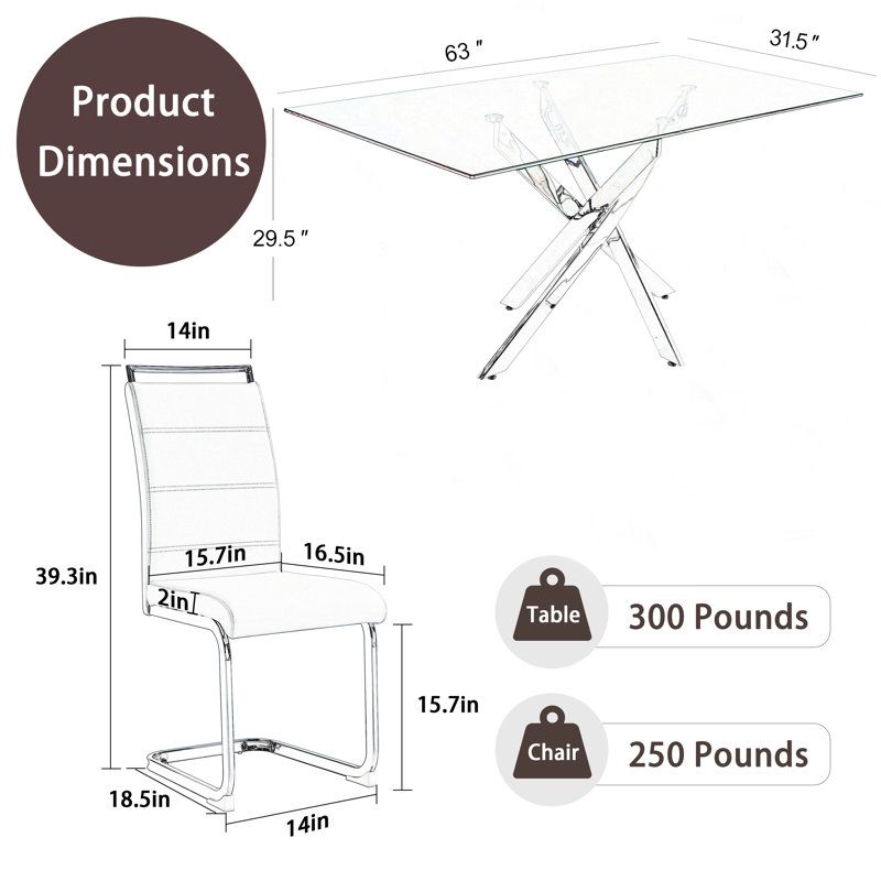 Ensemble de salle à manger 7 pièces, table de salle à manger rectangulaire en verre trempé 63 po et 6 chaises, Blanc