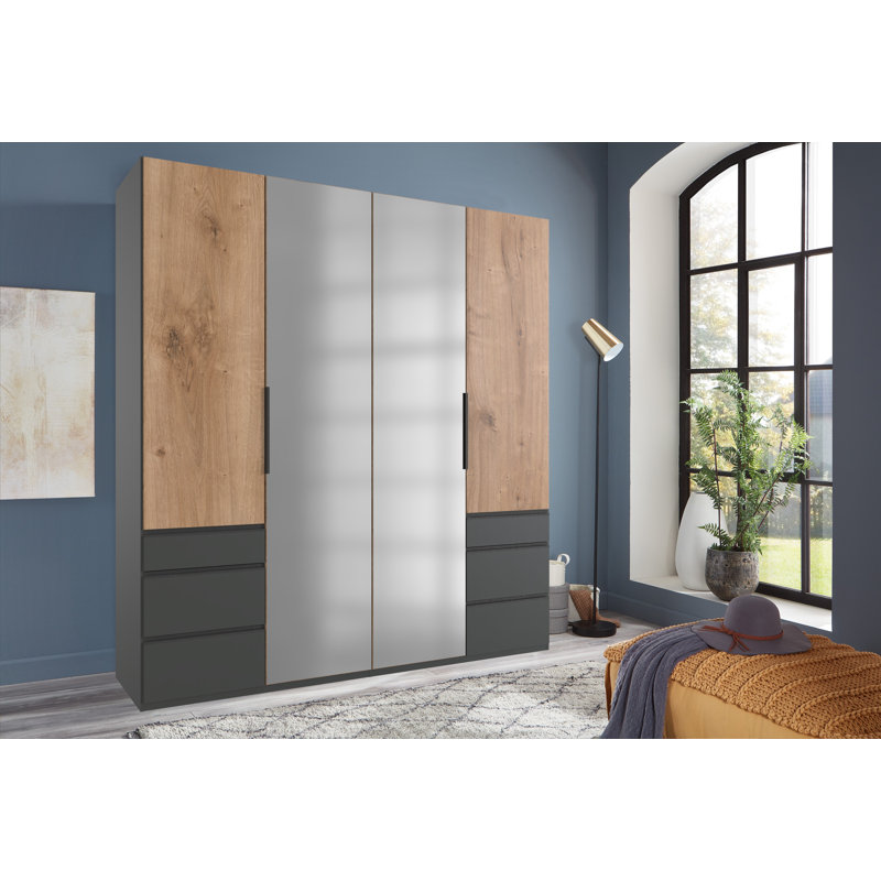 Guardino 4 Door Wardrobe, 236cm H x 200cm W x 58cm D, Plank Oak/Graphite