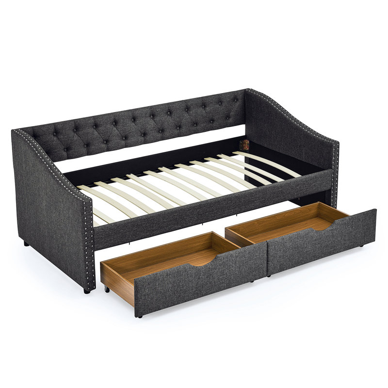 Twin Size Daybed With Drawers Upholstered Tufted Sofa Bed, With Button On Back And Copper Nail On Waved Shape Arms(81.5''X30.5'')