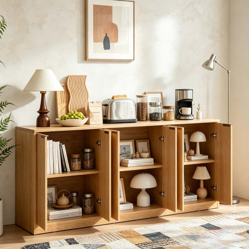 Armoire de rangement ondulée à 4 portes, Naturel, H 27,7 po x l 67 po x P 15,7 po