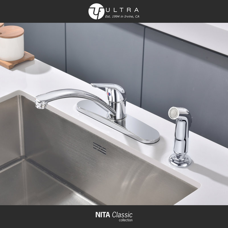 Nita Classic 2-4 Hole Installation Single-Handle Kitchen Faucet with Pull-Out Side Spray & Matching Deckplate - Chrome Polished
