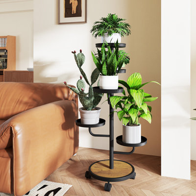 Support à plantes d'angle en métal à 5 ​​niveaux avec roulettes, noir, pour intérieur et extérieur