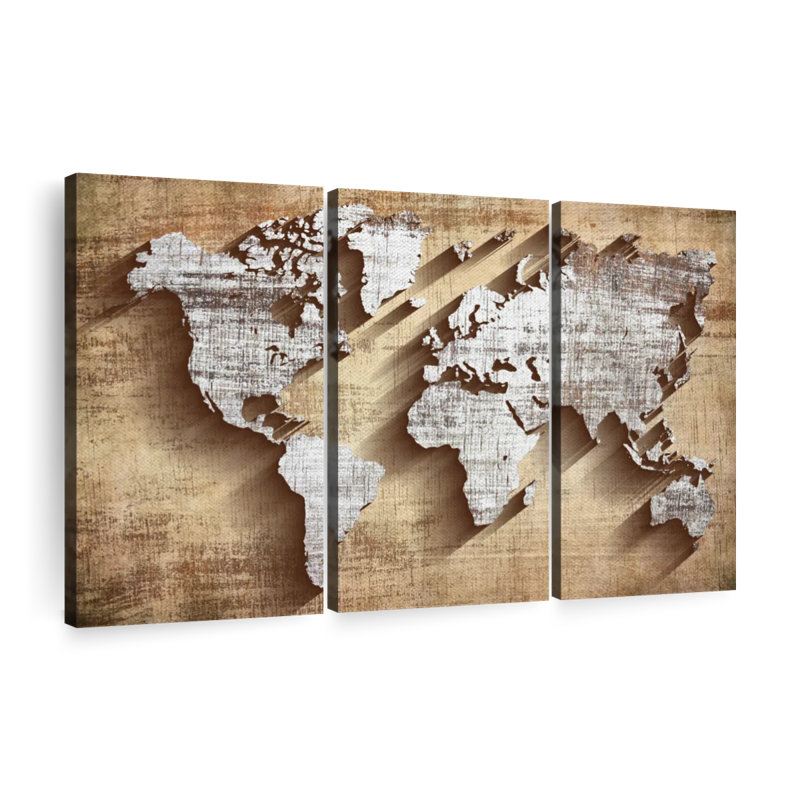 Carte du monde en bois sculpté, carte du monde sur toile, ensemble de 3 pièces, H 36 po x l 57 po x P 1,25 po