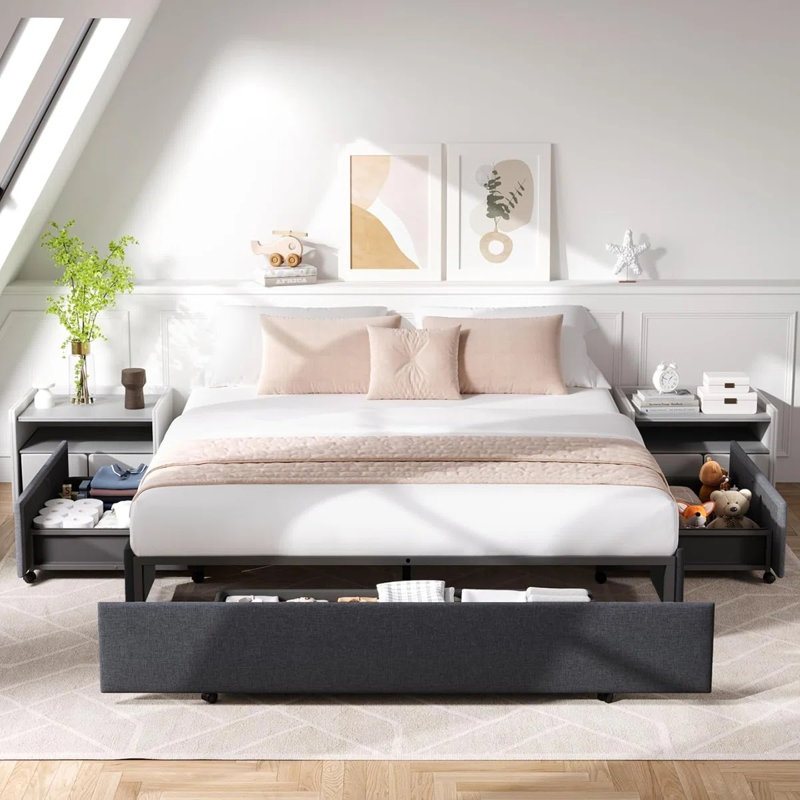 Lit plateforme gris Queen avec rangement et 3 tiroirs – Sommier non inclus, montage facile, Grand lit
