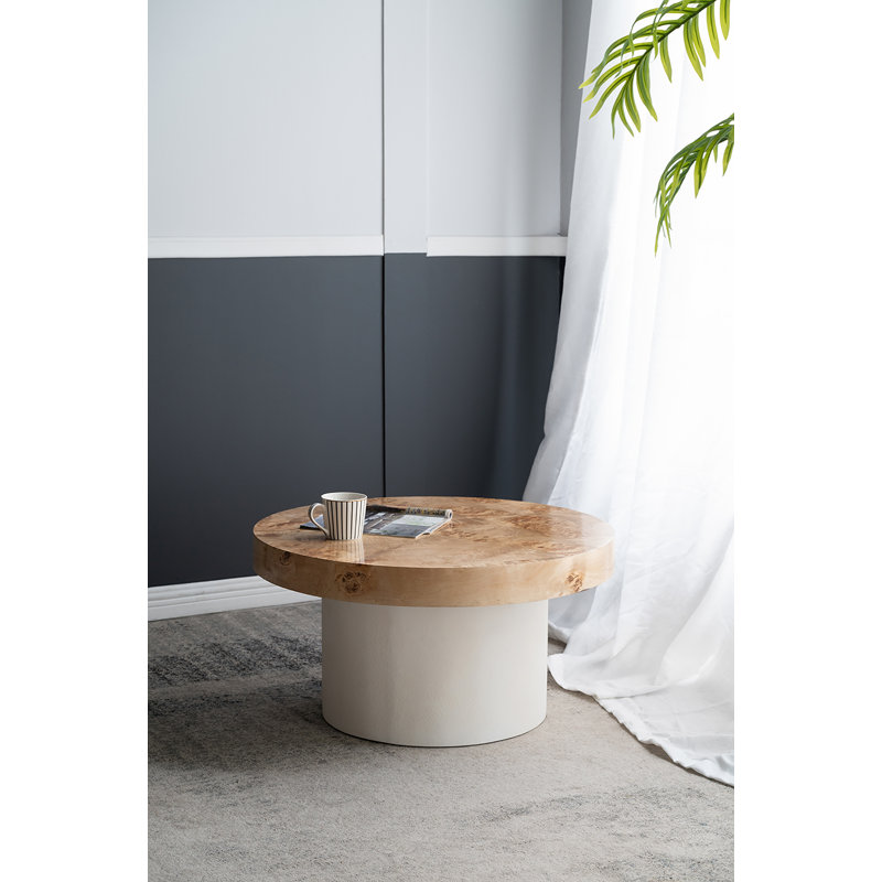 Table basse ronde à piédestal - Bois de ronce - Naturel / Blanc