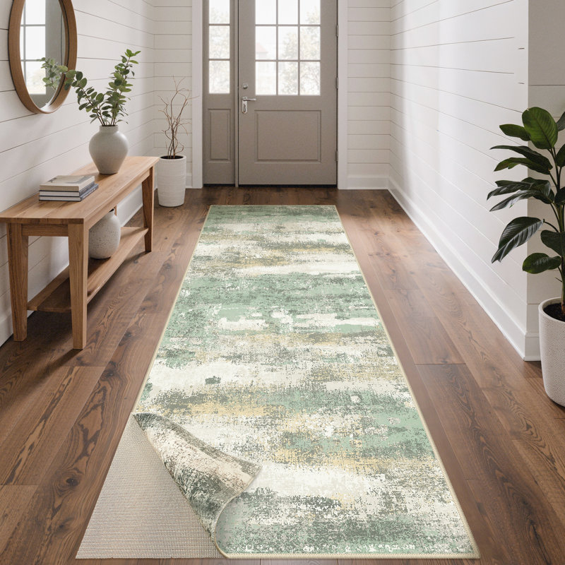 Pavelina Abstract Reversible Green Machine-Washable Area Rug with Rug Pad, Runner 2'6" x 8', Green 