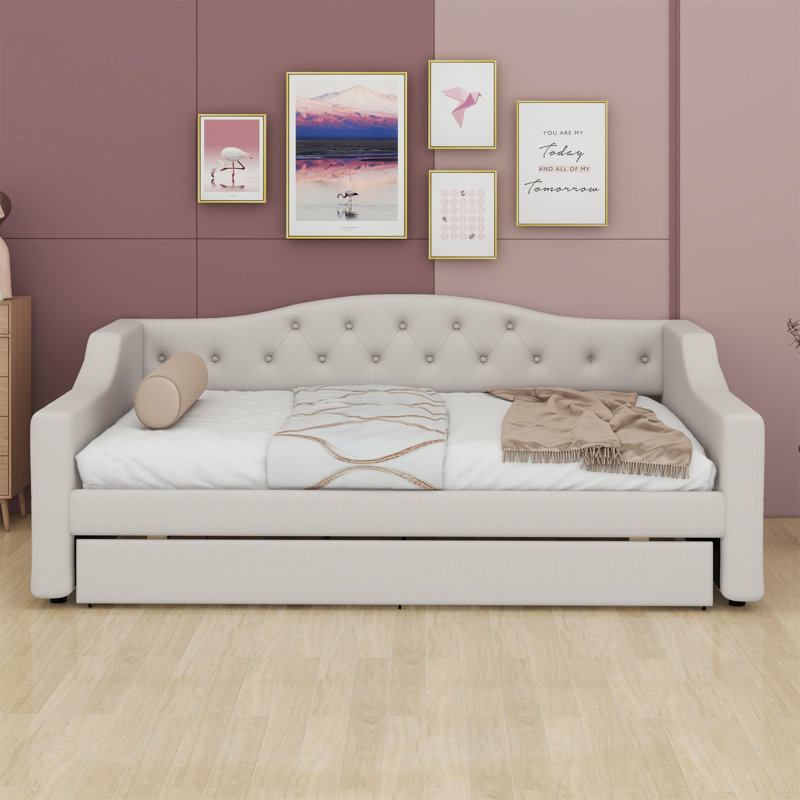 Upholstered Daybed With LED Belt And Trundle, Beige