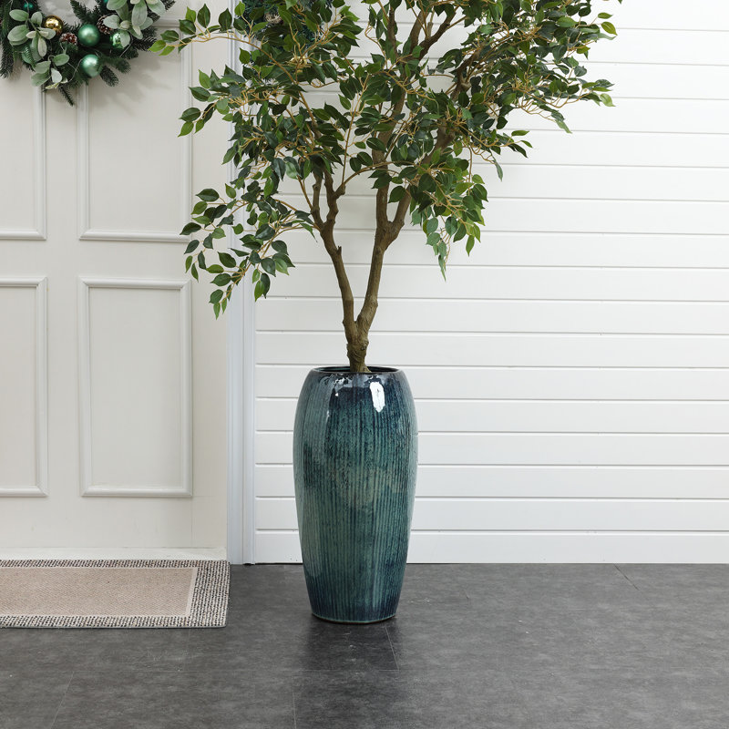 23" H Ceramic Tall Planter, Large Plant Pots with Drainage Hole, Blue, Blue