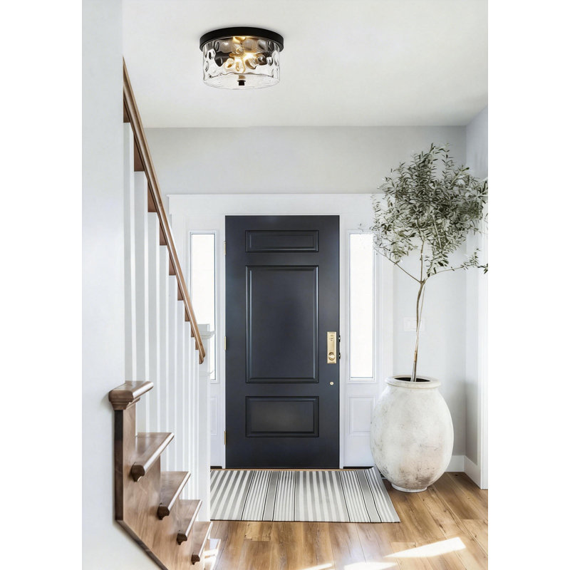 Alixandra 2-Light Flush Mount Ceiling Light With Clear Hammered Glass, Matte Black, 10" L x 10" W x 5" H