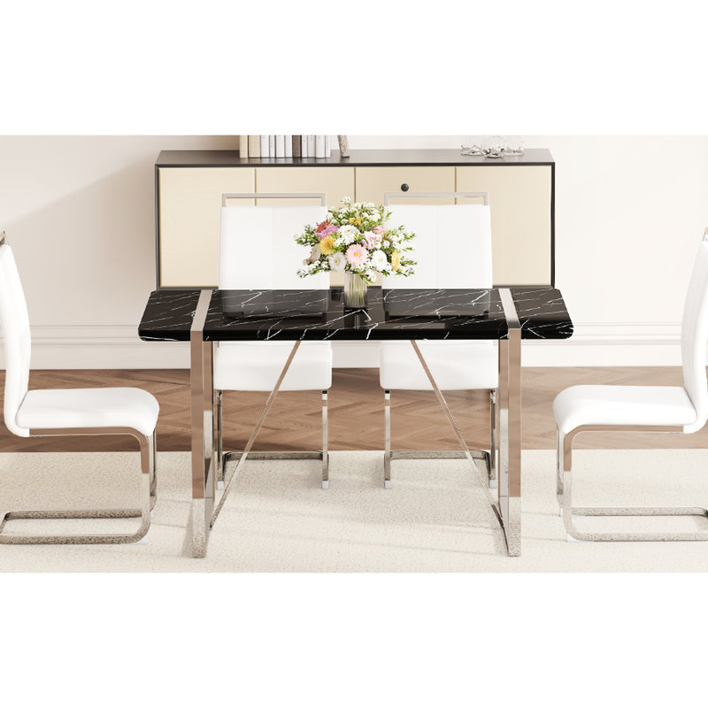 Ensemble de table de salle à manger et 6 chaises avec composants en métal massif, Blanc/Noir