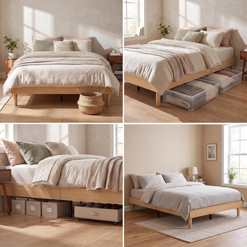Cadre de lit plateforme en bois avec lattes, sans sommier, robuste, capacité de charge de 363 kg (800 lb)., Double, Naturel