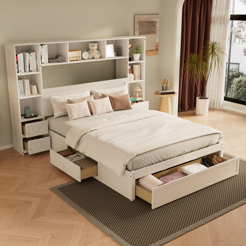 Lit plateforme multifonctionnel en bois avec table de chevet tout-en-un 2, Grand
