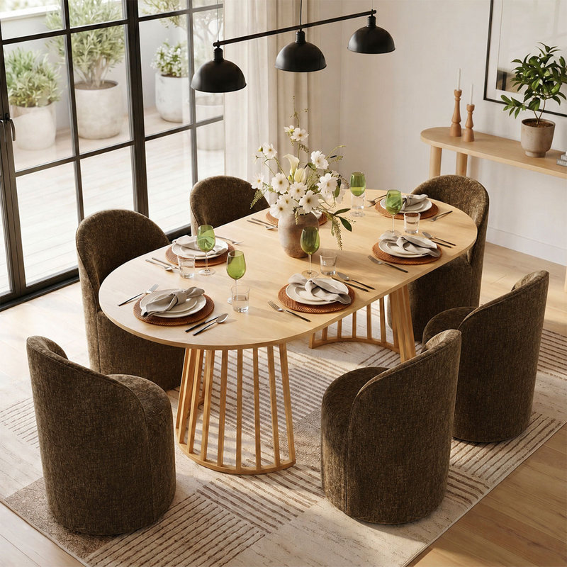 6 - Person Dining Table Sets With Extendabe Oval Table & 6 Upholstered Chenille Rolling Chairs, Brown