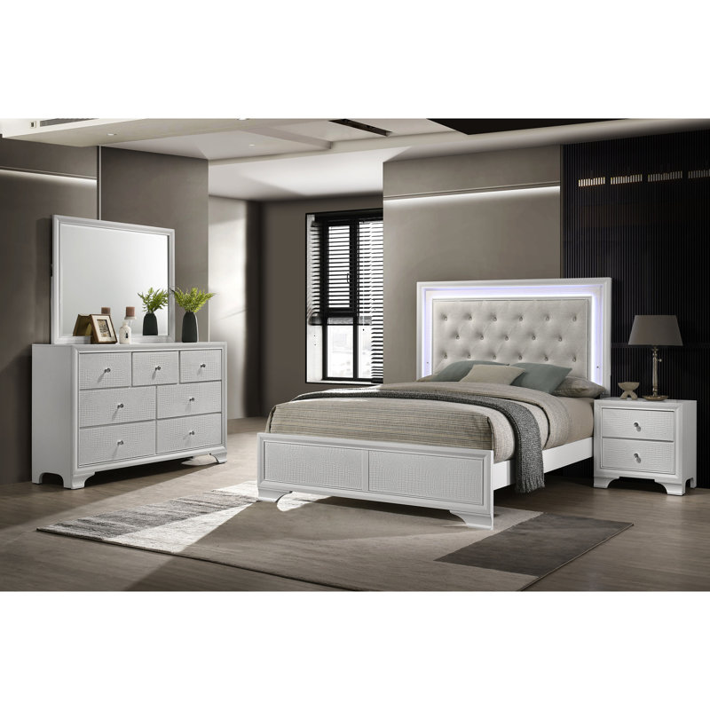 Très grand lit moderne, tête de lit tapissier avec lumières DEL et finition texturée blanc avoine