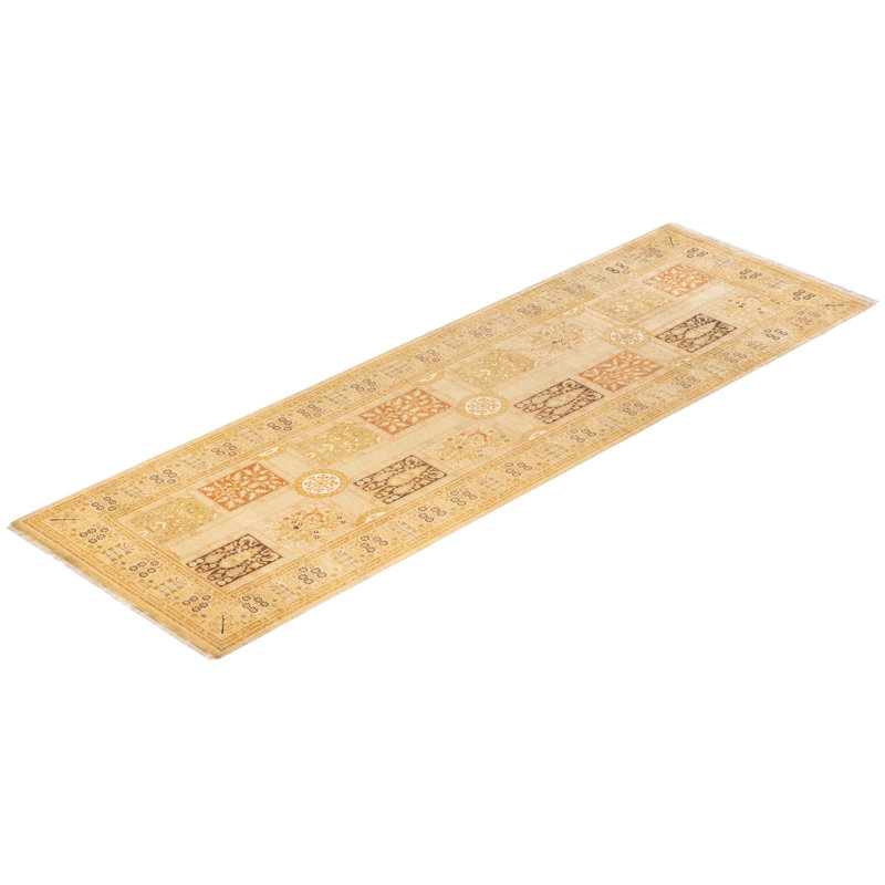 Ivory and Beige Hand-Knotted Wool Runner Rug with Floral Motif