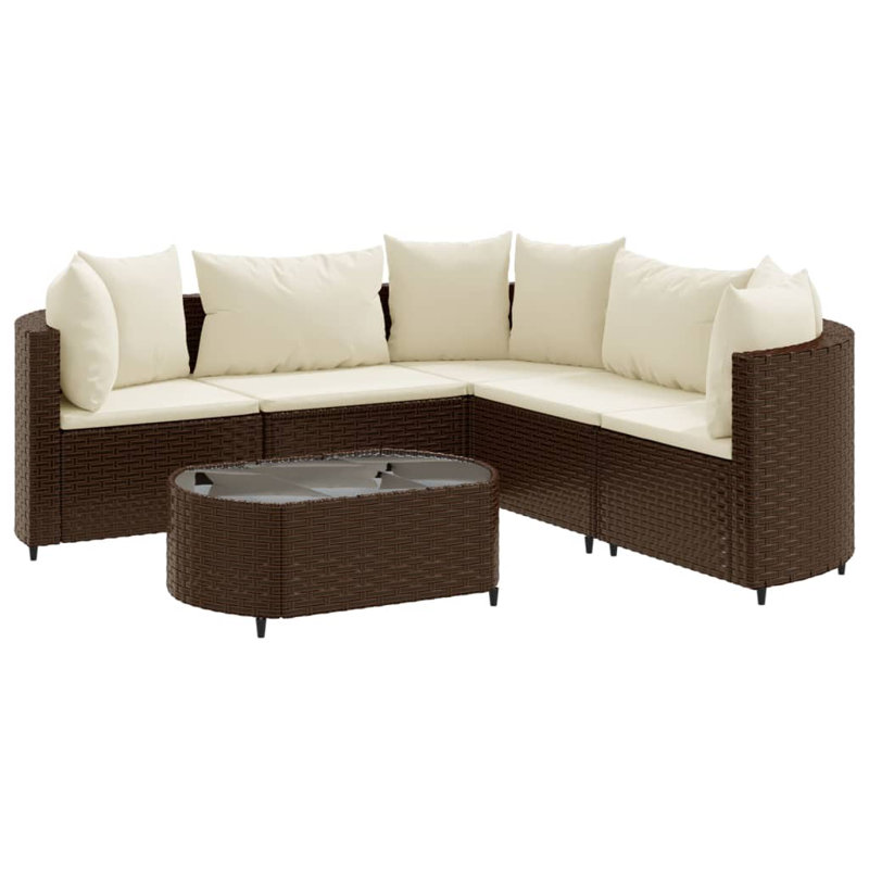 Latitude Run® Patio Sofa Set With Cushions Poly Rattan, Cream White, Brown, 5
