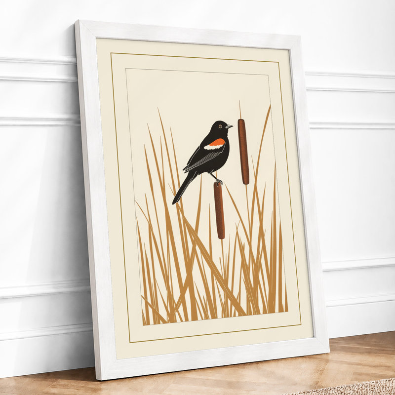 Bird On Reed Botanical - Print, A3 - 42.0 x 29.7 cm, White