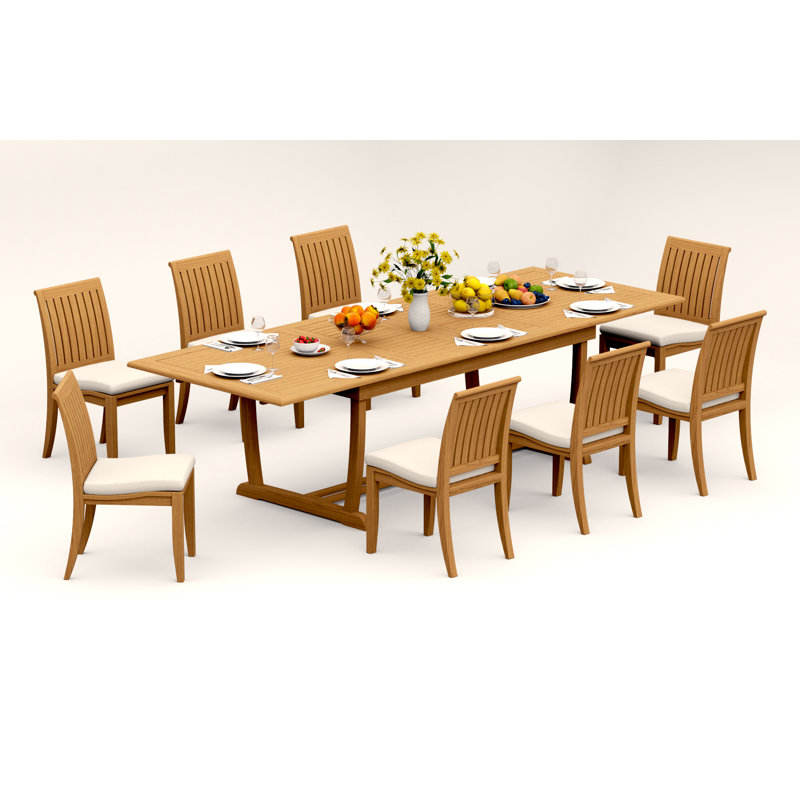 8 Seats 9 Pcs Grade-A Teak Wood Dining Set: 118" Double Extension Mas Rectangle Trestle Leg Table And 8 Lagos Armless Chairs #11LG2500