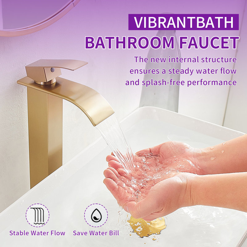 Modern Single Hole Faucet for Vessel Sink - Brushed Gold Waterfall Bathroom Tap, Brushed Gold