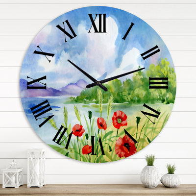 Horloge murale - Tulipes rouges sur la berge près d'une rivière de montagne - Lake House