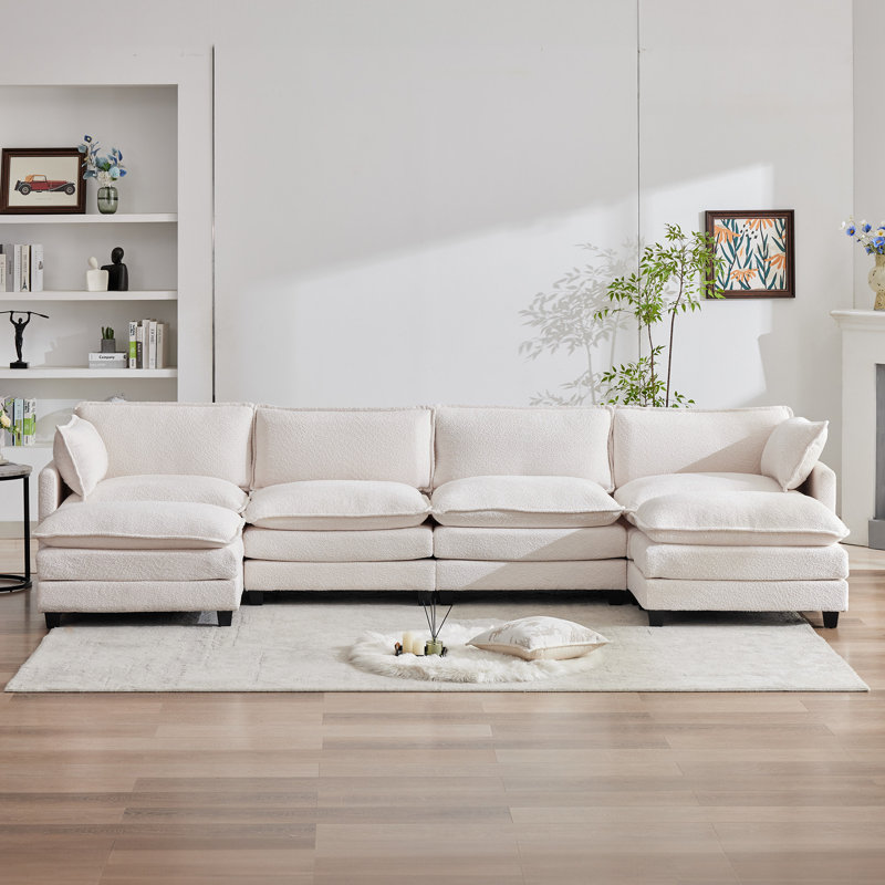 U-shape Boucle Upholstered Sectional Sofa With Armrest, Beige Boucle
