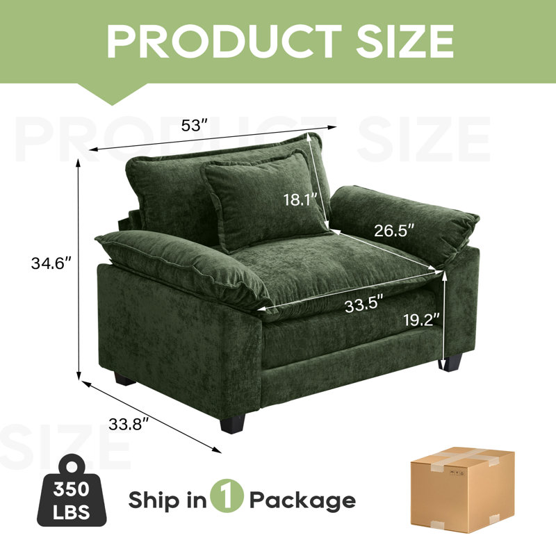 Fauteuil à assise profonde avec coussin décoratif 53 po Adonia, Chenille verte